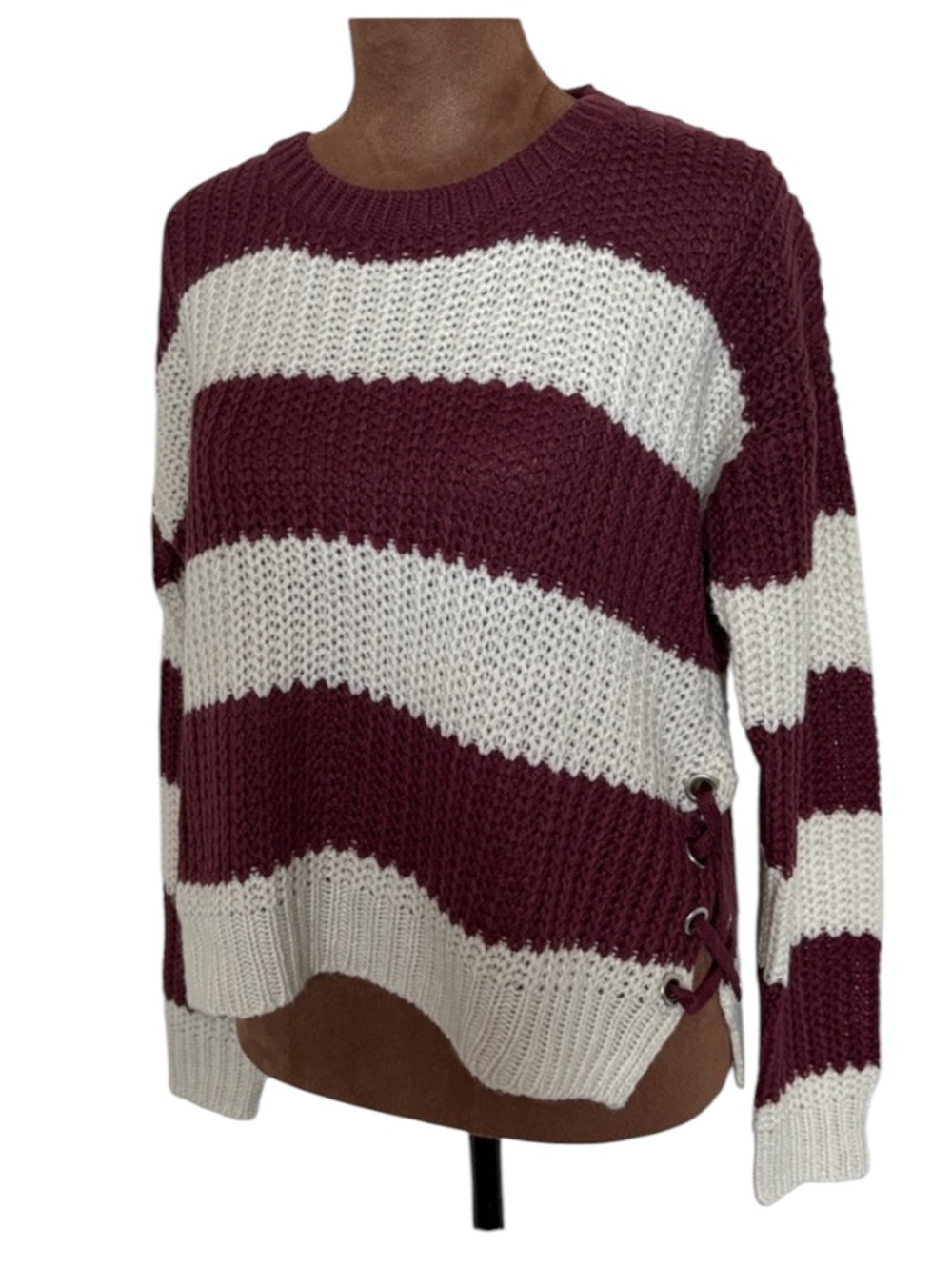 Pink Rose Burgundy Cream Striped Lace Up Sweater Small Chunky Knit
